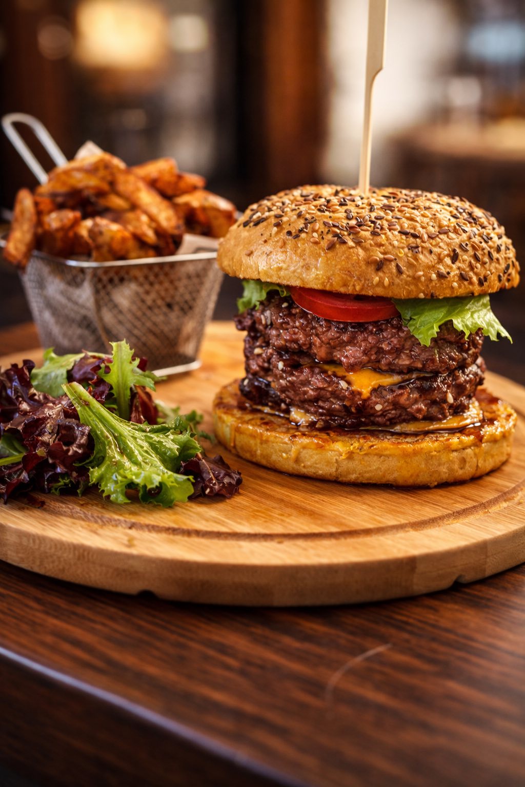 Burger maison double steak avec frites maison servis sur planche en bois