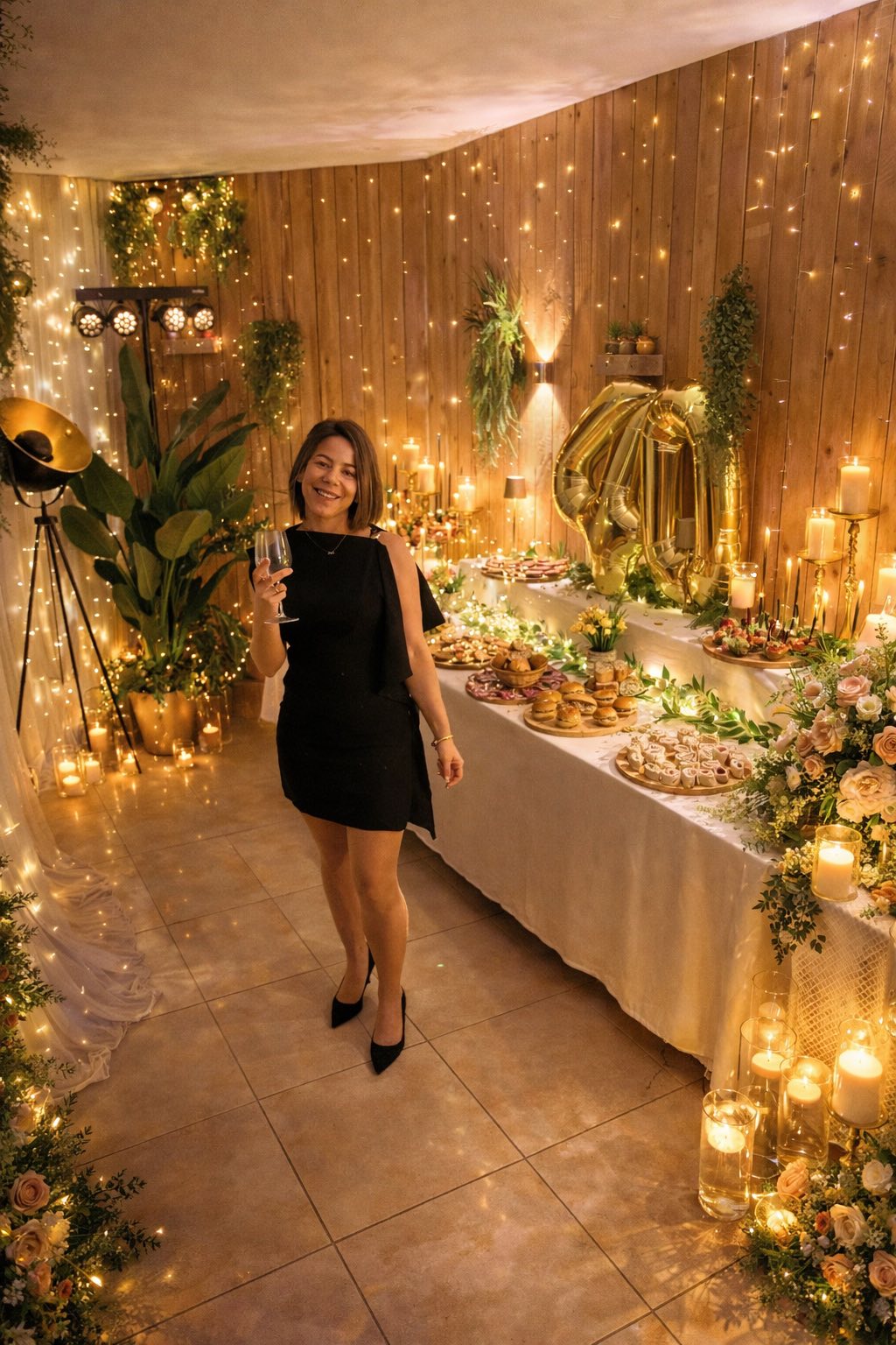 Hôtesse souriante lors d'un anniversaire privatisé au Grand Burger avec décor doré, buffet sucré et guirlandes lumineuses