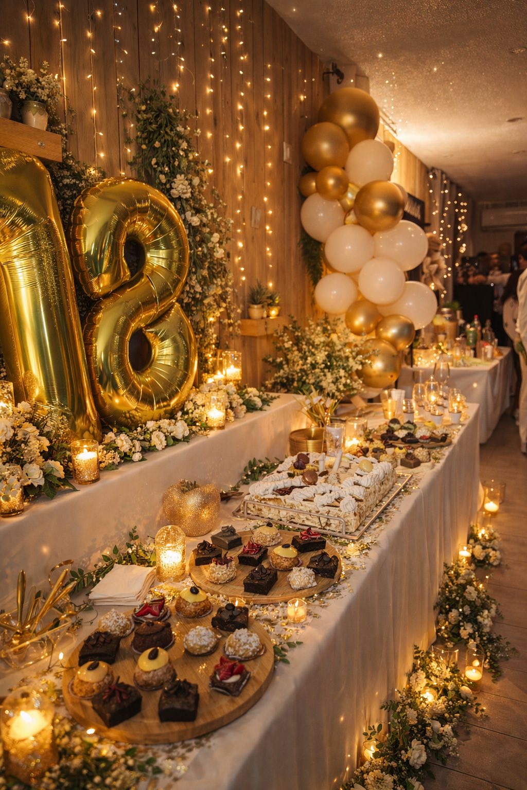 Buffet d'anniversaire et pot de départ privatisé : ballons dorés, pâtisseries, bougies et ambiance chaleureuse